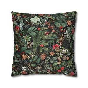 Winter Pillow Cover, Holly Pine Pillow Cover, Watercolor Winter Pillow Cover 18x18, Forest Green Botanical Pillow Case, Winter leaves decor image 10