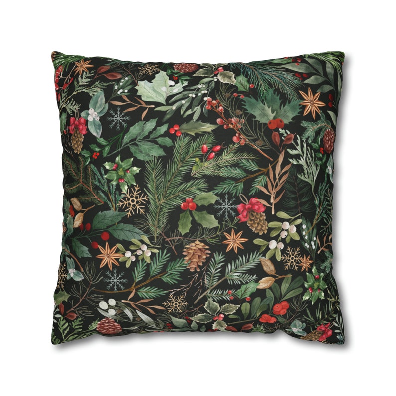 Winter Pillow Cover, Holly Pine Pillow Cover, Watercolor Winter Pillow Cover 18x18, Forest Green Botanical Pillow Case, Winter leaves decor image 10