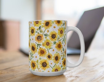 Sunflower Mug 15oz, Sunflower Daisy Mug, Yellow Floral Coffee Mug, Summer Flower Mug, Sunflower Tea Mug, Gifts for Mom, Sunflower Gifts