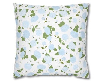 Blue Hydrangea Pillow Covers, Grand Millennial Decor, light blue white floral pillow cover, soft blue coastal flower decor, hydrangea pillow