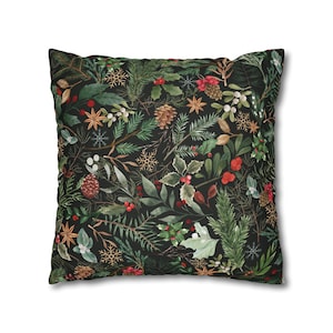 Winter Pillow Cover, Holly Pine Pillow Cover, Watercolor Winter Pillow Cover 18x18, Forest Green Botanical Pillow Case, Winter leaves decor image 8