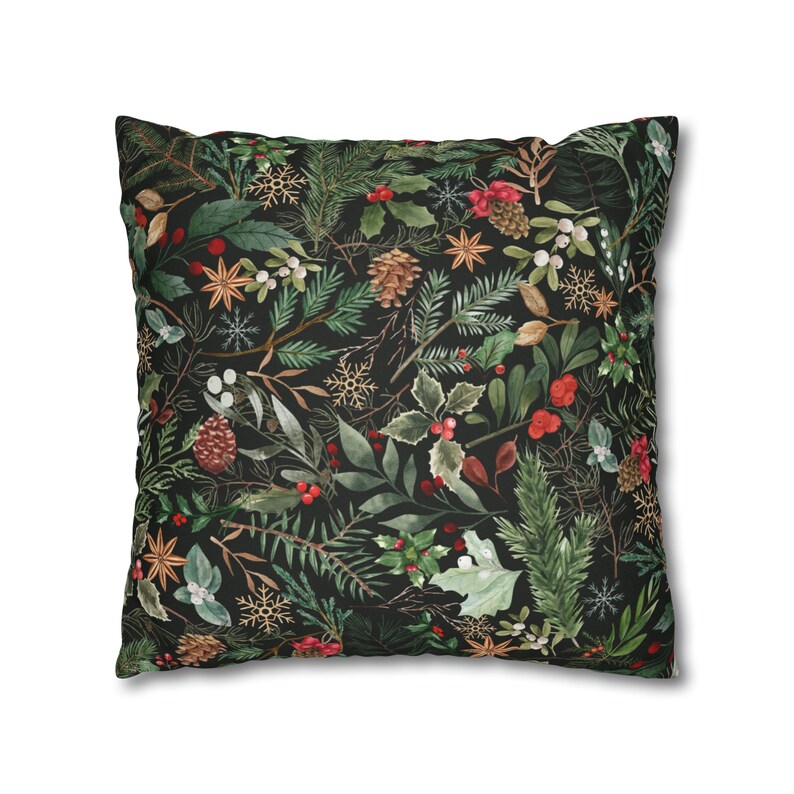 Winter Pillow Cover, Holly Pine Pillow Cover, Watercolor Winter Pillow Cover 18x18, Forest Green Botanical Pillow Case, Winter leaves decor image 8