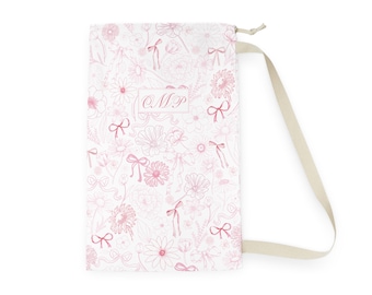 Monogram Laundry Bag, Pink Coquette Laundry Bag, Pink Bow Preppy Laundry Bag, Back to College Dorm Room Essentials, Custom Name Laundry Sack
