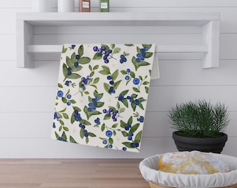 Blueberry Tea Towel, Watercolor blueberries kitchen towel, cotton blue berry dish cloth, summer fruit floral tea towel, hostess gift for mom