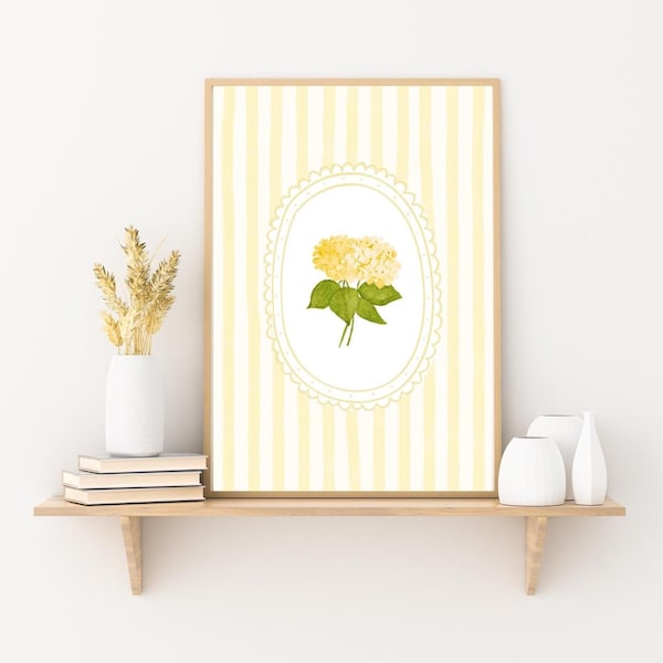 Butter Yellow Floral Print Trendy Wall Art Yellow Flower Wall Decor Yellow Nursery Print Chic Butter Yellow White Stripe Wall Art Apartment