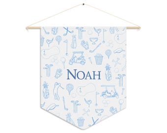 Boys Golf Wall Decor, Customized Nursery Tapestry, Boy Blue Nursery Wall Hanging Toddler Boys Name Wall Sign Golfing Theme Light Blue