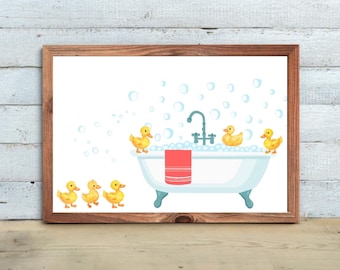 Arte de pared de patos para baño infantil, impresiones de patos para baño infantil, decoración de baño infantil, arte de baño infantil, arte de pared de patos con burbujas en la bañera