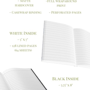 May include: Notebook details are displayed, including "Details" in a light blue script font. The notebook features a matte hardcover, casewrap binding, full wraparound print, and perforated pages. The white inside is 5" x 7" with 128 lined pages. The black inside is 5.75" x 8" with 150 lined pages.