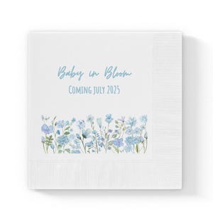 Boy Baby Shower Napkins, Blue Flower Baby Shower Boy Napkins, Baby in Bloom Paper Napkins Customized, Personalized Baby Shower Napkins