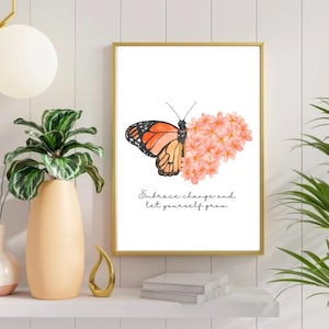 Impresión de flores de mariposa, cita de evolución del cambio de vida, acepta el cambio, déjate crecer, arte de pared, cita de mariposa boho rosa, decoración motivacional