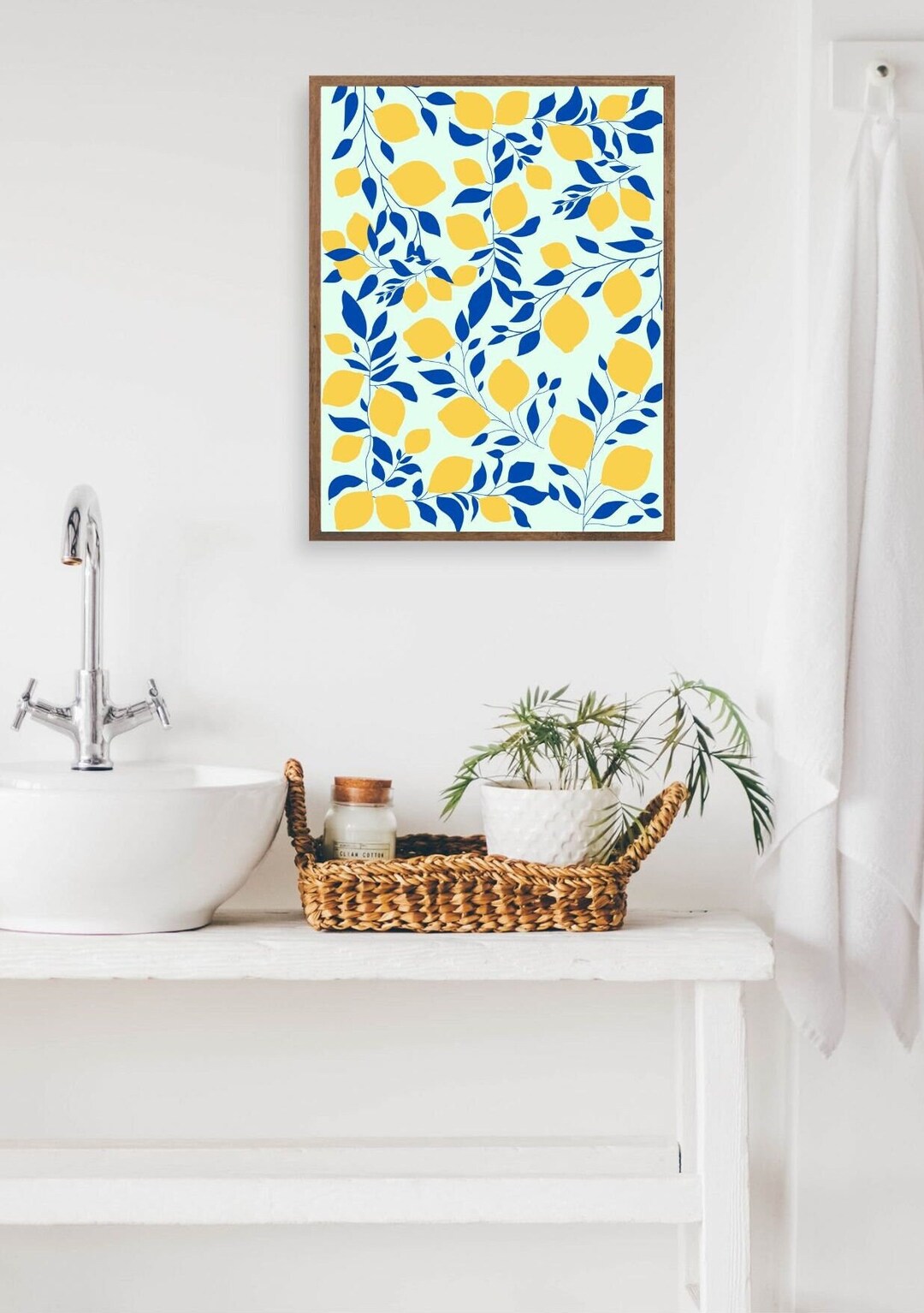 Kitchen Lemon Decor, Lemons Wall Art, Indigo Blue Yellow Lemon Art, Bathroom Lemon Decor ...