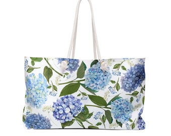 Hydrangea Weekender Bag, Blue Flower Travel Bag, Floral Summer Weekend Bag, Hydrangea Overnight Bag, Blue Hydrangea Beach Boat Bag, Gift Mom