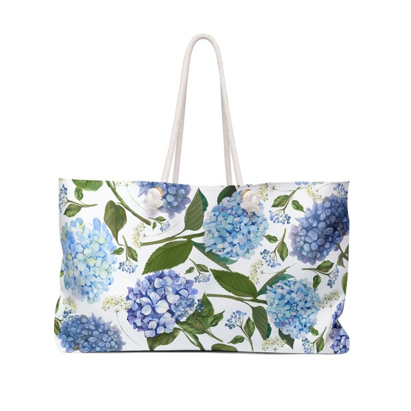 Bolsa de fin de semana de hortensias, bolsa de viaje de flores azules, bolsa de fin de semana de verano floral, bolsa de noche de hortensias, bolsa de barco de playa de hortensias azules, mamá de regalo