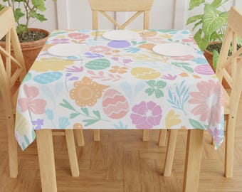 Easter Tablecloth, Pastel Easter Table Cloth, Easter Table Decor, Spring Easter Eggs Floral Tablescape, Easter Party Decor