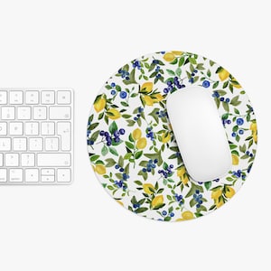 Lemon Mousepad, Summer Italian Mouse pad, lemon blueberry desk decor, fruit desk pad, blue yellow summer lemon home office decor