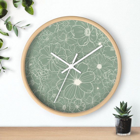Boho Blumen Wanduhr, Salbei grüne Uhr, Blumen Wanduhr, Lehrer Wanduhr, Boho Blumen Wanddekor, grüne Blumen Uhr, College apmt