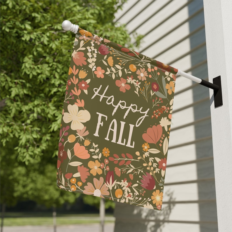 Bandiera autunnale, decorazioni autunnali per esterni, decorazioni autunnali per portici, bandiera autunnale per portici, bandiera autunnale per giardini floreali, striscione autunnale felice, bandiera verde con colori autunnali immagine 2
