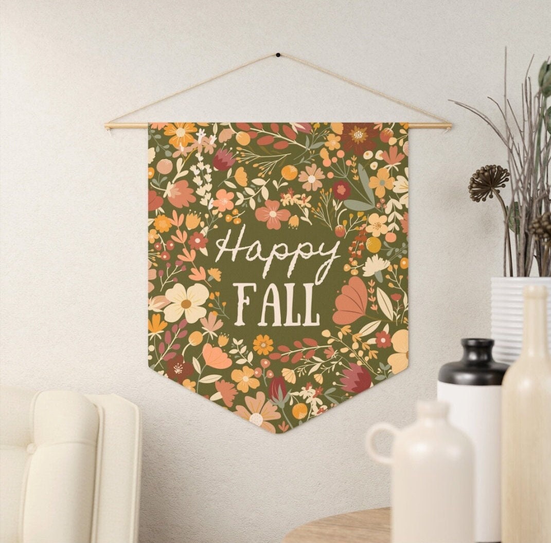 Fall Pennant, Happy Fall Sign, Sage Green Fall Wall Decor, Floral Fall Sign Hanging, Farmhouse Fall Banner, Fall Flower Decorations