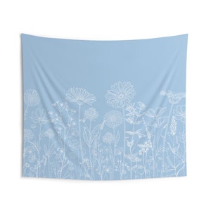Tapestry wall hanging, light blue tapestry, boho blue flower tapestry, blue white wildflower wall decor, gift for her, dorm wall decor
