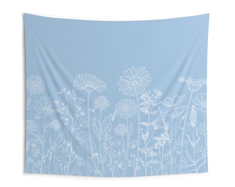 Tapestry wall hanging, light blue tapestry, boho blue flower tapestry, blue white wildflower wall decor, gift for her, dorm wall decor