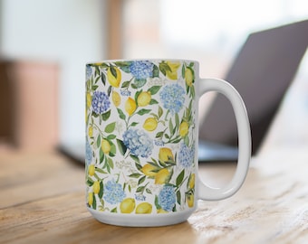 Hydrangea Mug, Lemon Mug, Hydrangea Lemon Mug, Blue Hydrangea Coffee Mug, Gifts for mom, Coastal Floral Mug, Italian Lemon Mug, Hostess Gift