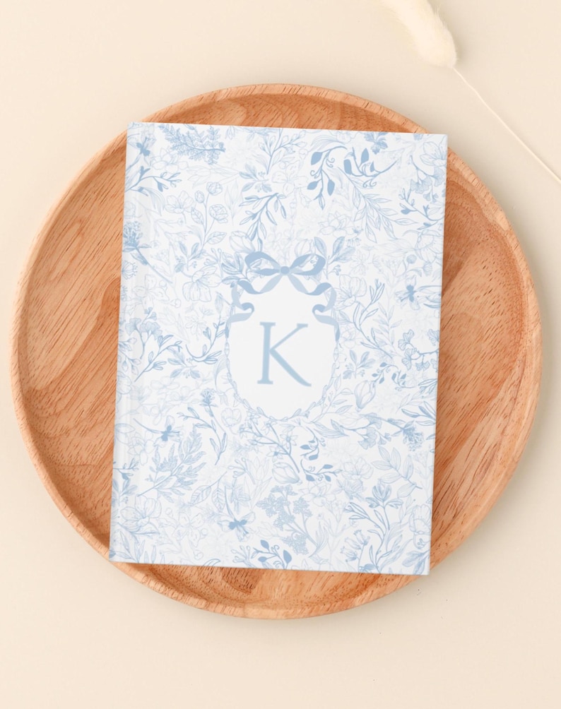 Light Blue Floral Initial Journal, Customized Notebook Blue Flower, Preppy Blue Bow Letter Journal, Daughter Gift for Her Girlfriend image 1
