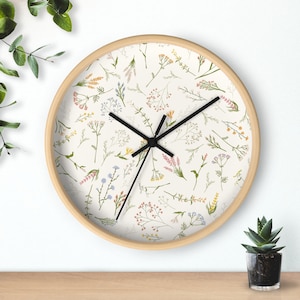 Floral Wall Clock, Boho Wall Clock, boho floral wall decor, boho flower clock, wildflower Wall Clock, botanical decor, women’s office decor image 1