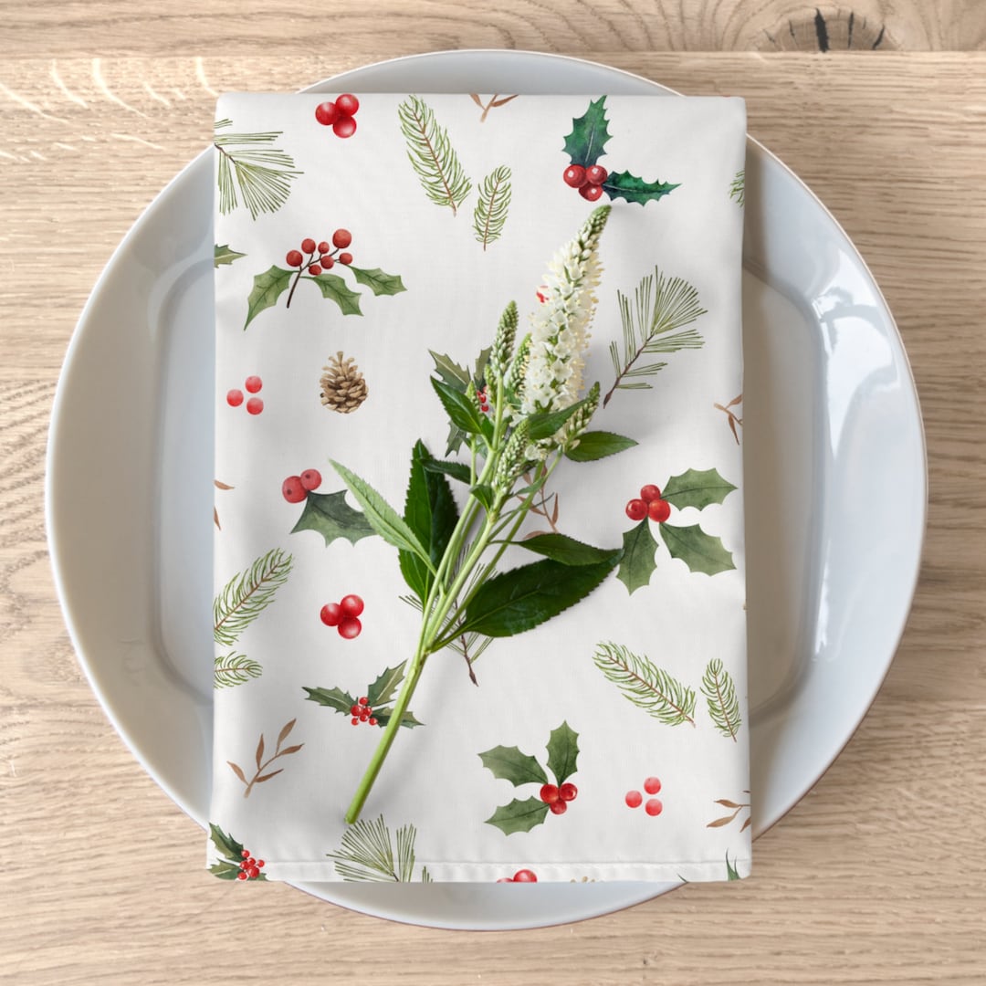 Christmas Napkins, Holly Berry Napkins, Christmas Botanical Napkins