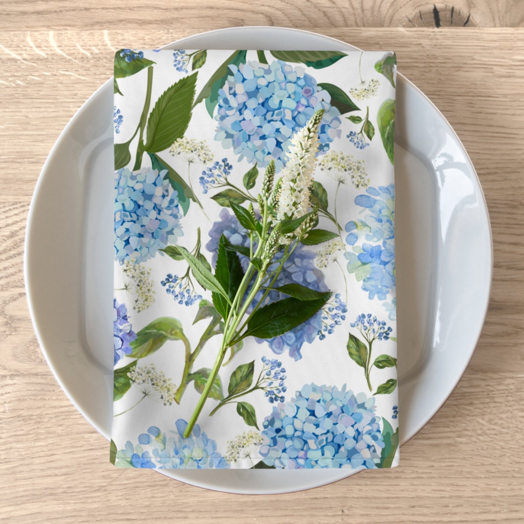Hydrangea Napkins, Blue Hydrangeas Napkin Set, Blue White Floral