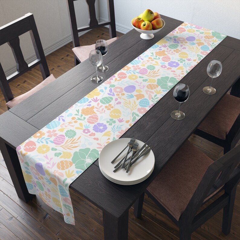 Easter Table Runner, Easter Table Decor, Pastel Easter Dining Table Runner, Easter Eggs Flowers Table Runner, Easter Tablecloth image 2