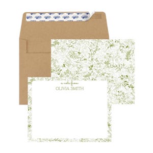 Gepersonaliseerde notitiekaarten, chinoiserie-briefpapier, aangepaste olijfgroene toile-kaartenset, saliegroene bloemen briefpapier met envelop cadeau