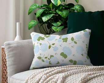 Cuscino lombare con ortensia, cuscini Grand Millennial, decorazioni con ortensia azzurra, cuscino floreale blu-verde, cuscini decorativi in stile costiero