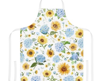 Delantal de hortensia y girasol, delantal de hortensia azul, delantal floral de verano, regalos para mamá, delantal de flores amarillas y azules, delantal de girasol de acuarela