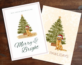 Dog Christmas Cards, Watercolor Golden Retriever Christmas Card, Personalized Dog Holiday Card, Xmas Card Santa Hat Puppy Christmas Dog Gift