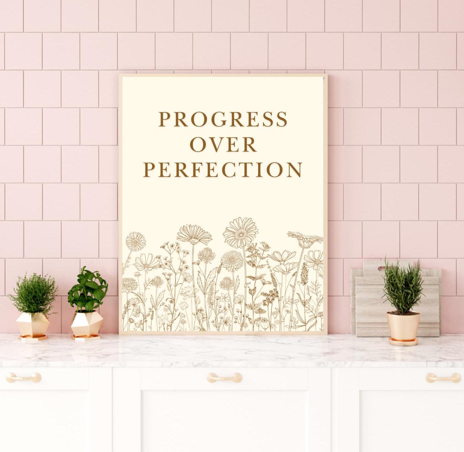 Progress Over Perfection Print, Neutral Boho Floral Quote Wall Art ...