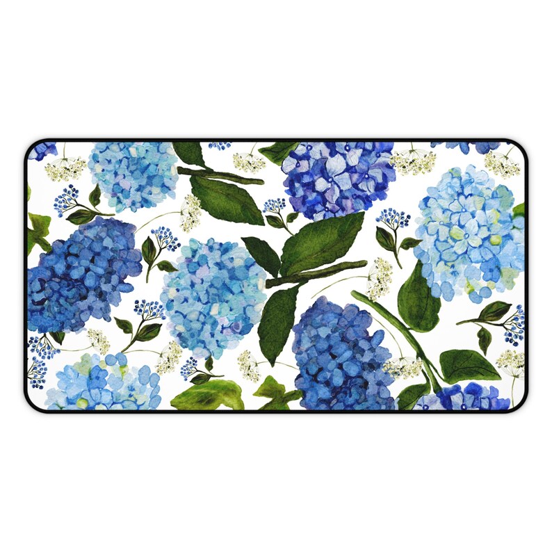 May include: A white background with a repeating pattern of blue hydrangea flowers and green leaves.