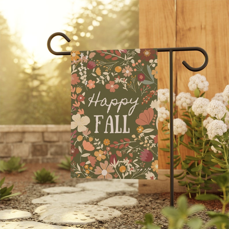 Bandiera autunnale, decorazioni autunnali per esterni, decorazioni autunnali per portici, bandiera autunnale per portici, bandiera autunnale per giardini floreali, striscione autunnale felice, bandiera verde con colori autunnali immagine 4