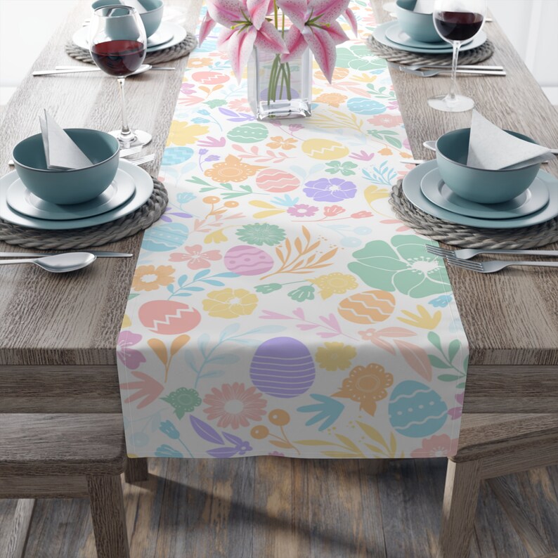 Easter Table Runner, Easter Table Decor, Pastel Easter Dining Table Runner, Easter Eggs Flowers Table Runner, Easter Tablecloth image 4