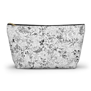 Black and White Makeup Bag, Floral Black White Toiletry Bag, Gifts for Her, Chinoiserie Black White Cosmetic Pouch, Black Flower Pencil Case