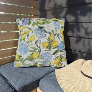 Hydrangea Lemon Outdoor Pillows, Lemon Hydrangea Porch Pillow, Blue Hydrangea Outdoor Pillows, Lemons Swing Pillow, Summer Patio Pillows