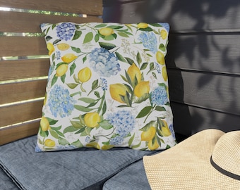 Hydrangea Lemon Outdoor Pillows, Lemon Hydrangea Porch Pillow, Blue Hydrangea Outdoor Pillows, Lemons Swing Pillow, Summer Patio Pillows