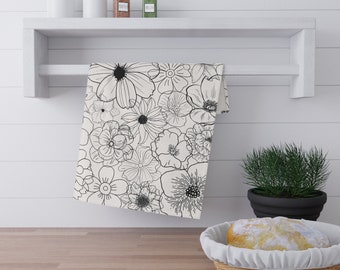 Black and white floral Kitchen Towel cotton, Black white flower tea towel gift, Black white floral dishcloth, black white outline flowers
