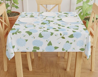 Hydrangea Tablecloth, Light Blue White Green Floral Table Cloth, Grand Millennial Tablecloth, Coastal Blue Hydrangea Table cloth