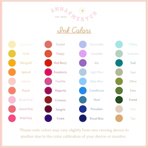 May include: A color chart with the text "Ink Colors" and a list of color names and corresponding color swatches. Colors include Scarlet, Poppy, Red Berry, Raspberry, Fuschia, Magenta, Crimson, Sangria, and Violet.