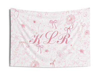 Coquette Tapestry, Pink Bows Flower Decor, Monogram Pink Wall Sign, Girly Bedroom Tapestry, Pink Coquette Decor, Pink Dorm Wall Decor banner