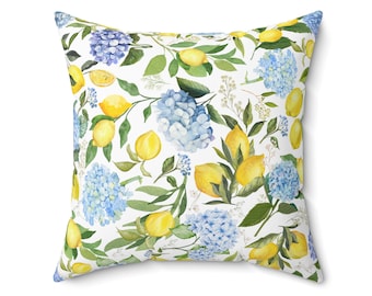 Hydrangea Lemon Pillow, Lemons Hydrangeas Throw Pillow, Blue Hydrangea Decorative Pillow, Coastal Summer Pillows, Gifts for Mom