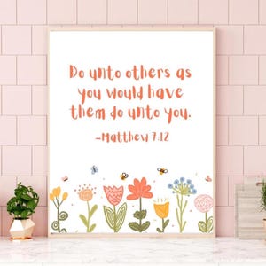 Do unto others print, Kids Christian wall art, Matthew 7:12 print, Christian kids decor, Kids Scripture bible verse sunday school flowers