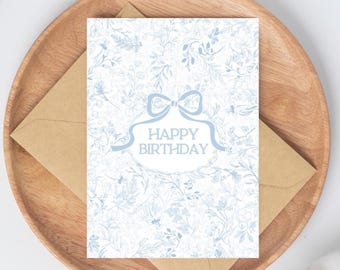 Light Blue Floral Birthday Card, Blue Toile Chinoiserie Happy Birthday Cards Pack, Coquette Bow Birthday Card for girl woman personalized