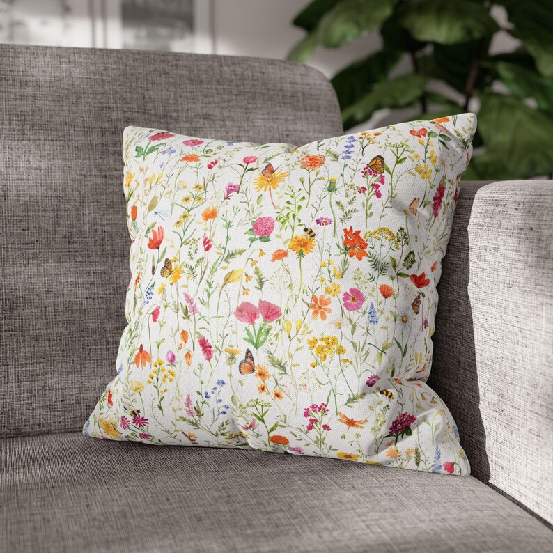 Spring Pillow Covers, Watercolor Spring Floral Pillow Cover 20x20, Colorful Wildflower Garden Pillows, Summer Spring Flower Decor image 8