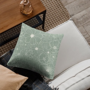 Almohada floral verde salvia, almohada de flores verde boho, almohada cuadrada floral blanca verde, almohada decorativa verde flor de otoño moderna